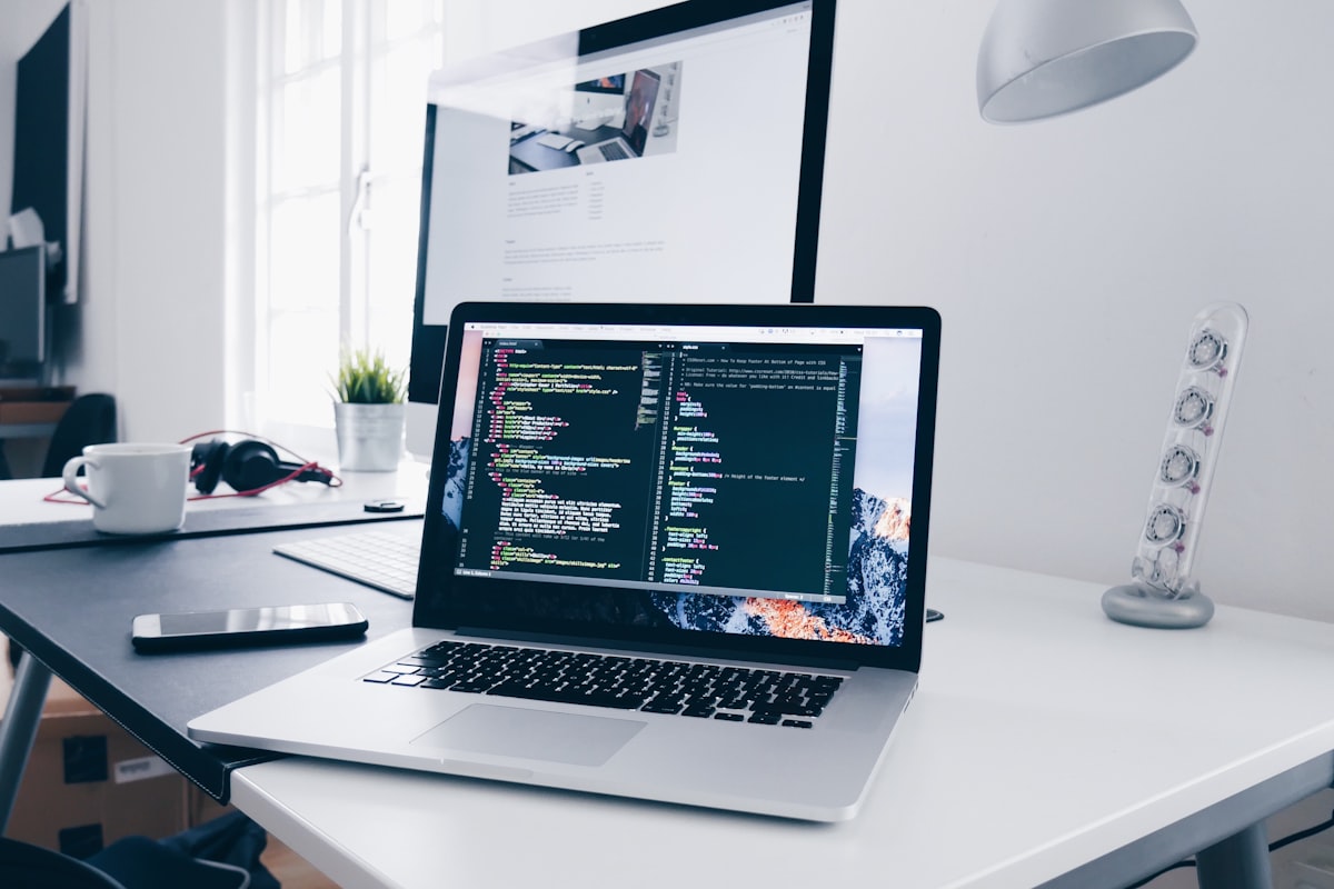 Digital tools, laptop and technology workspace