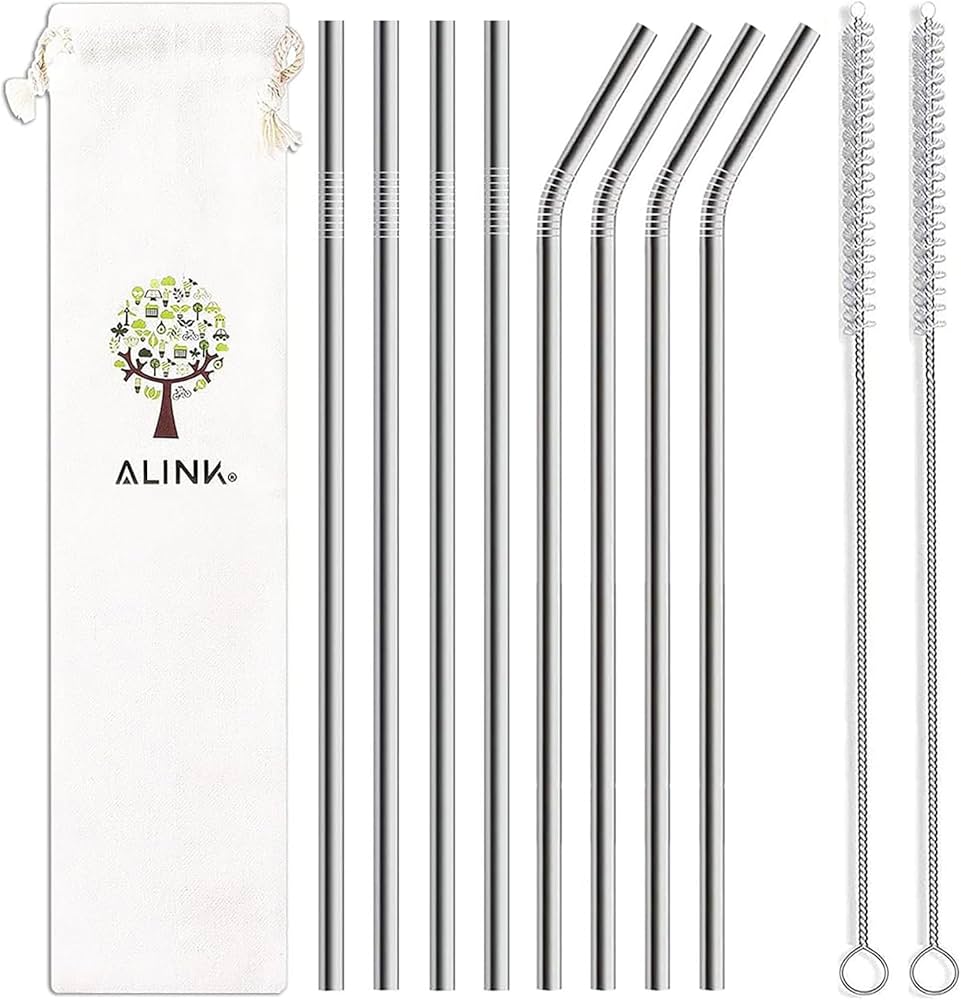 Stainless Steel Straws 8-Pack — 4 Bent + 4 Straight + 2 Brushes