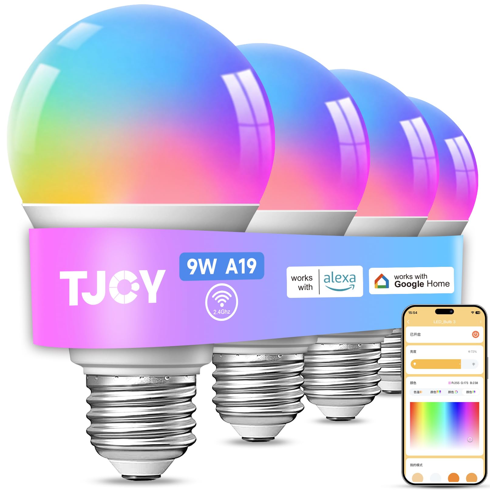 Smart LED Bulb 4-Pack - Color Changing, WiFi, Voice Control