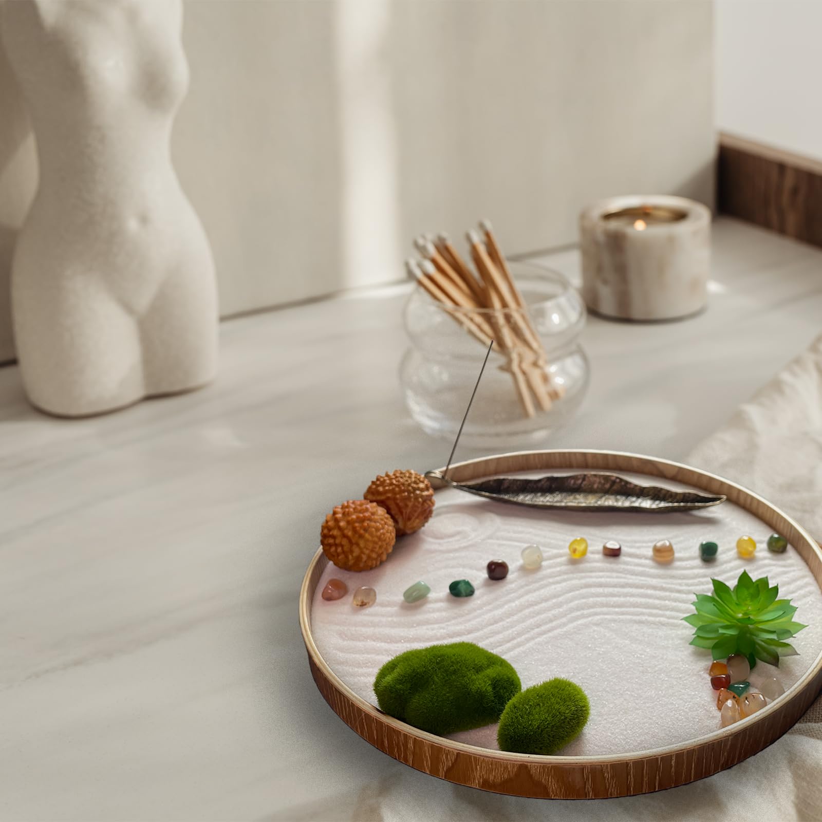 Desk Zen Garden Kit — Bamboo Tray, White Sand, Stones, Rake