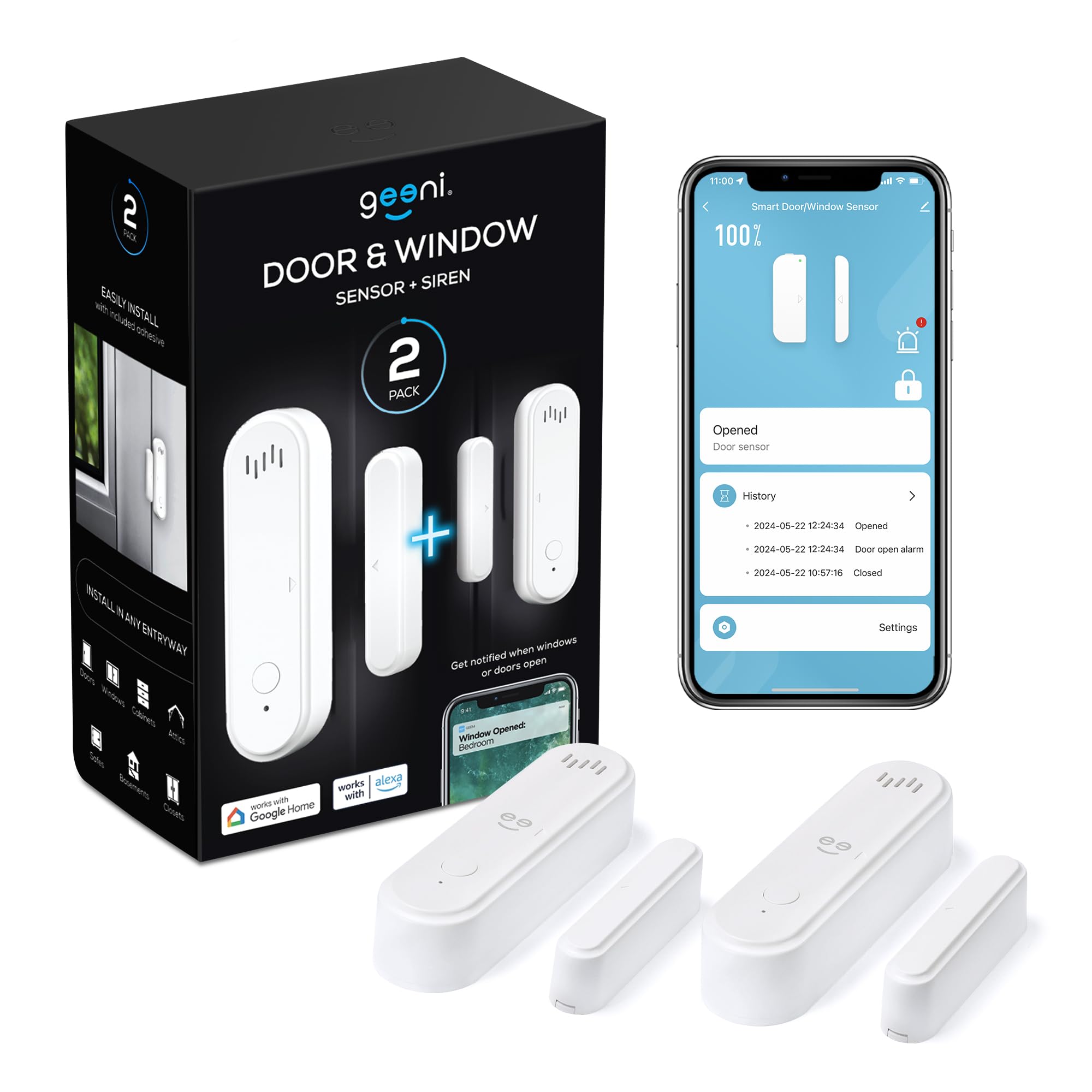 Smart Door Sensor - Open/Close Alerts, Battery Powered, 2-Pack