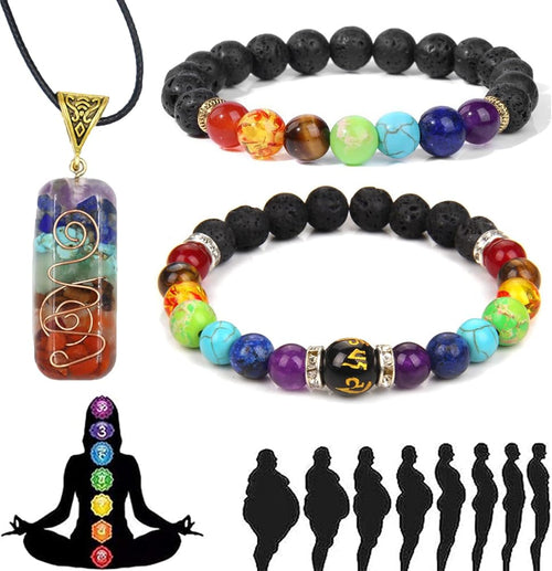 Chakra Bracelet Set 7 — Natural Stone, Stretch, Gift Box