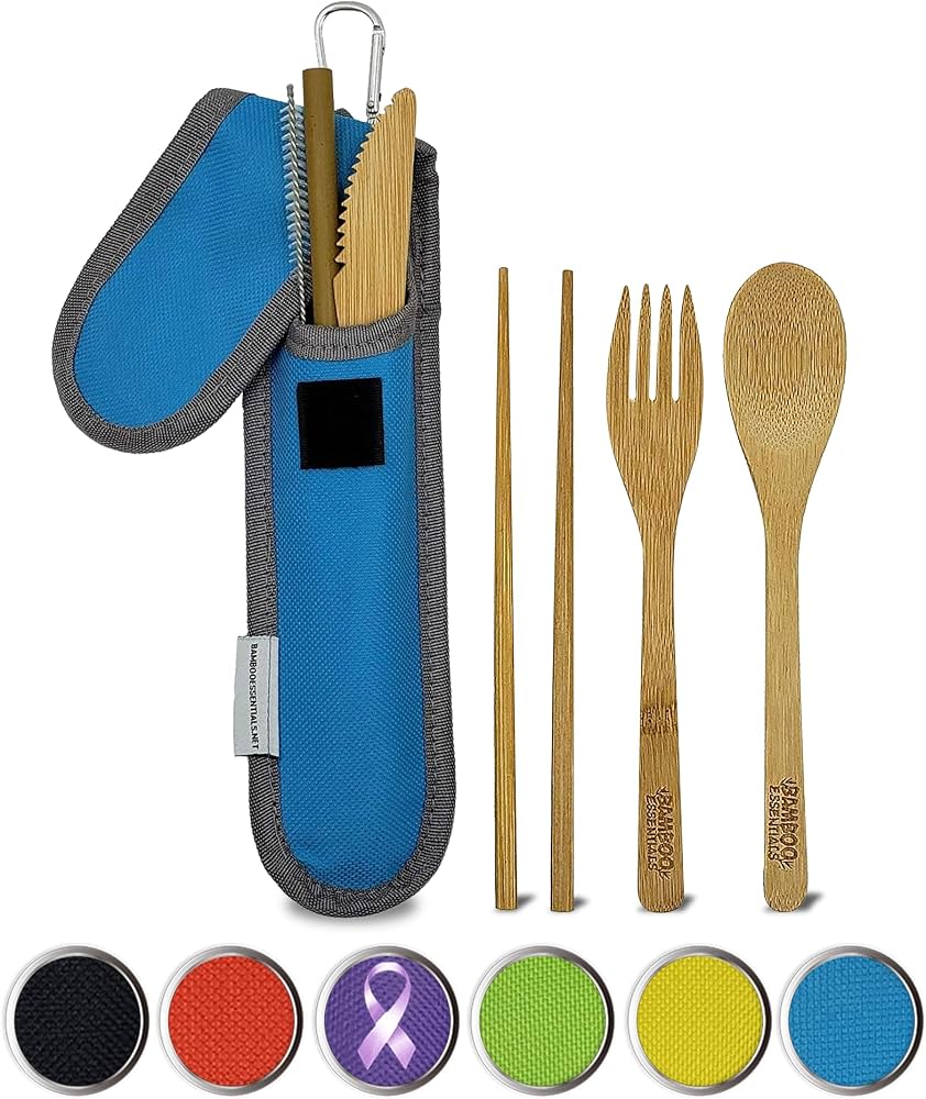 Bamboo Cutlery Set — Fork/Knife/Spoon/Straw, Pouch, Travel